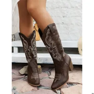 Boots/CowboyStyleAnkleWomen'sEmbroideredBlockHeelVNeckWestern