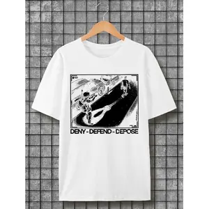 Knit Fabric.Relaxed Fit.Perfect for Casual Outings and Daily Wear Loo.Trendy Black And White Deny DefendDepose Cotton Casual Short Sleeved Round Neck .Full Size.Fashionable Graphic Print Tee T Shirt