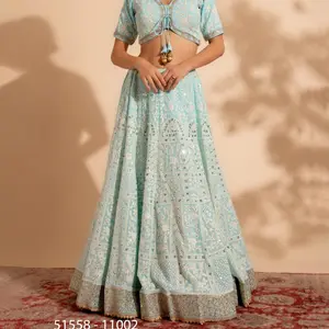 Designer Sky Blue Thread Embroidered heavy workLehenga Womenswear Clothing Lady Suits Comfort