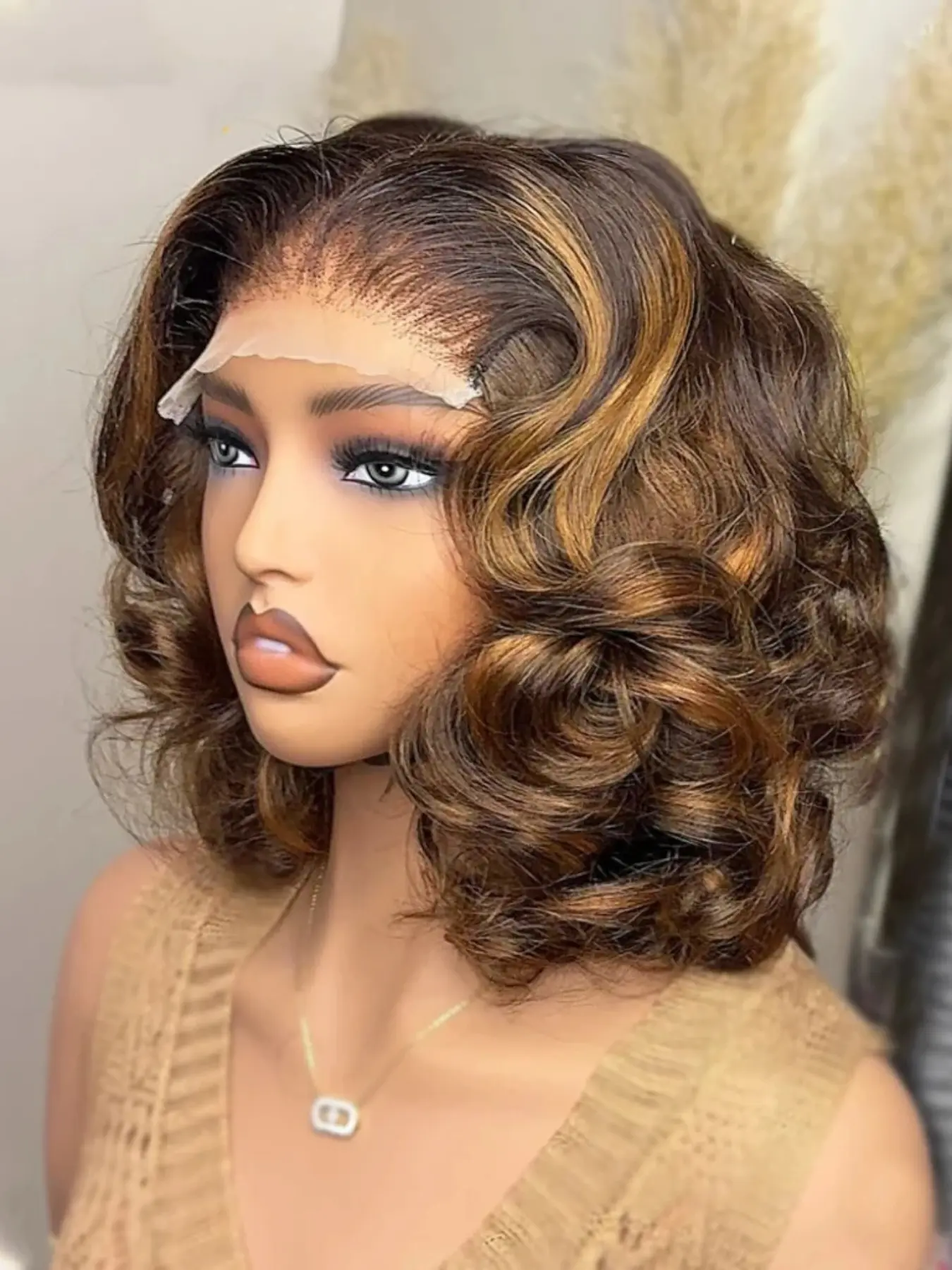 Women's Short Bob 18 Inch 180 Density Highlighted Blonde Deep Wave Wig, Synthetic Lace Front, Lace Frontal Wigs, All Seasons, Daily Wear