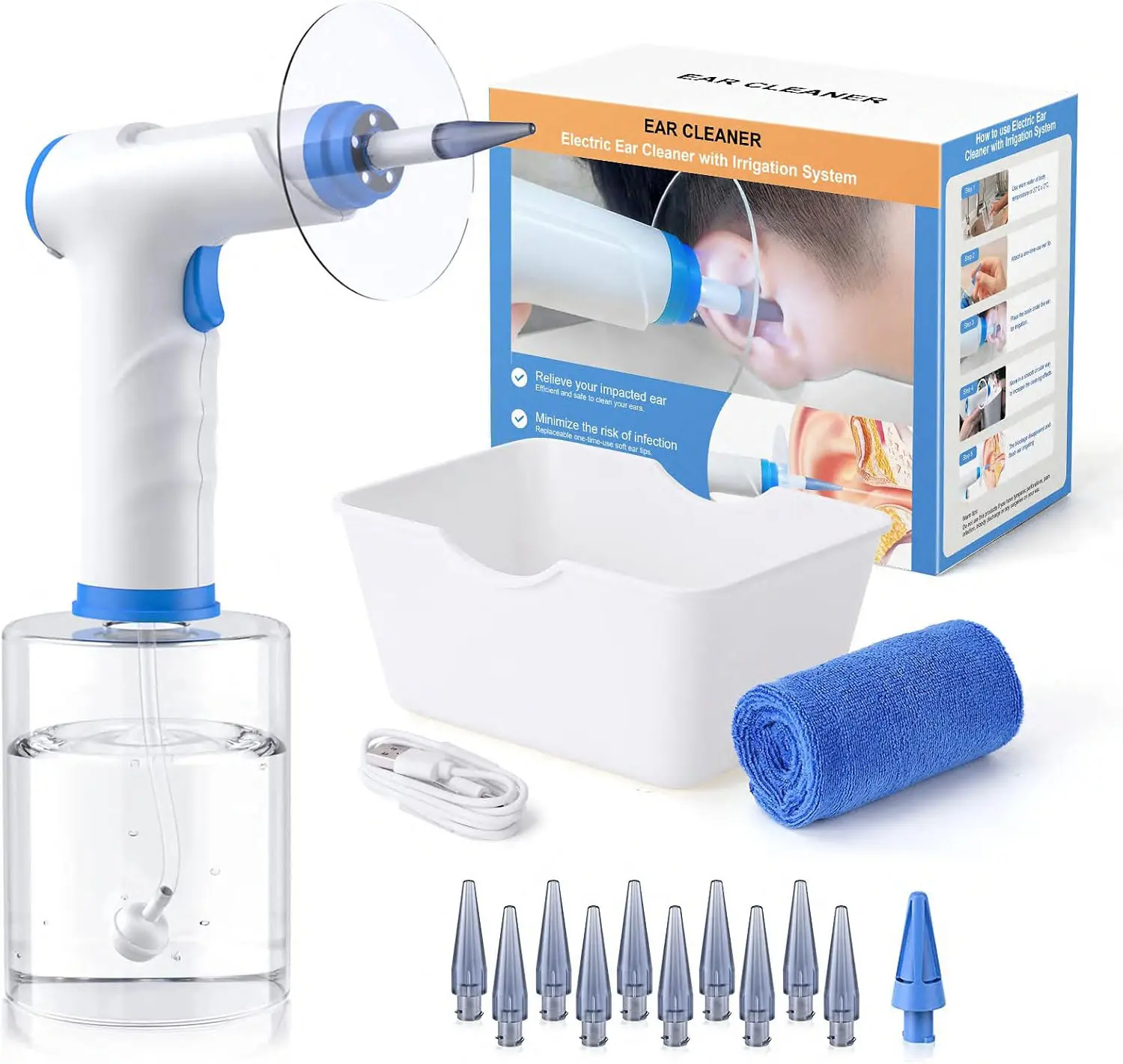 FathersDayGift Aspoven Electric Ear Wax Removal - Ear Irrigation Kit with 4 Pressure Modes,Rechargeable,IPX7 Waterproof,  Safe and Effective Ear Flush Kit with Ear Cleaner - Includes Basin, Towel & 10 Tips