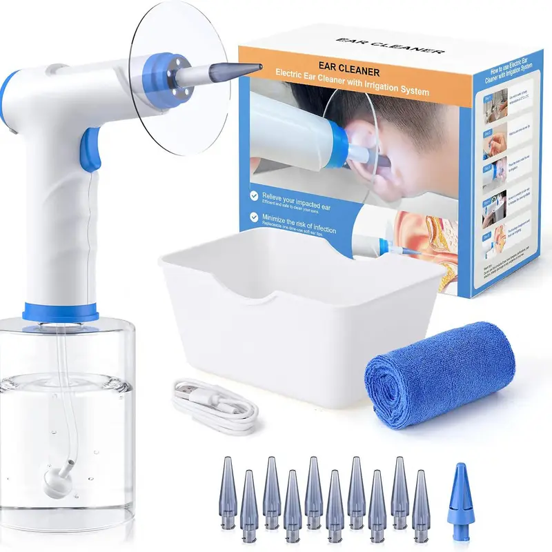 Aspoven Electric Ear Wax Removal Tool - Irrigation System for Ear Cleaning, Father's Day Gift, 4 Pressure Modes, Rechargeable, IPX7 Waterproof, Safe & Effective, Includes Basin, Towel & 10 Tips