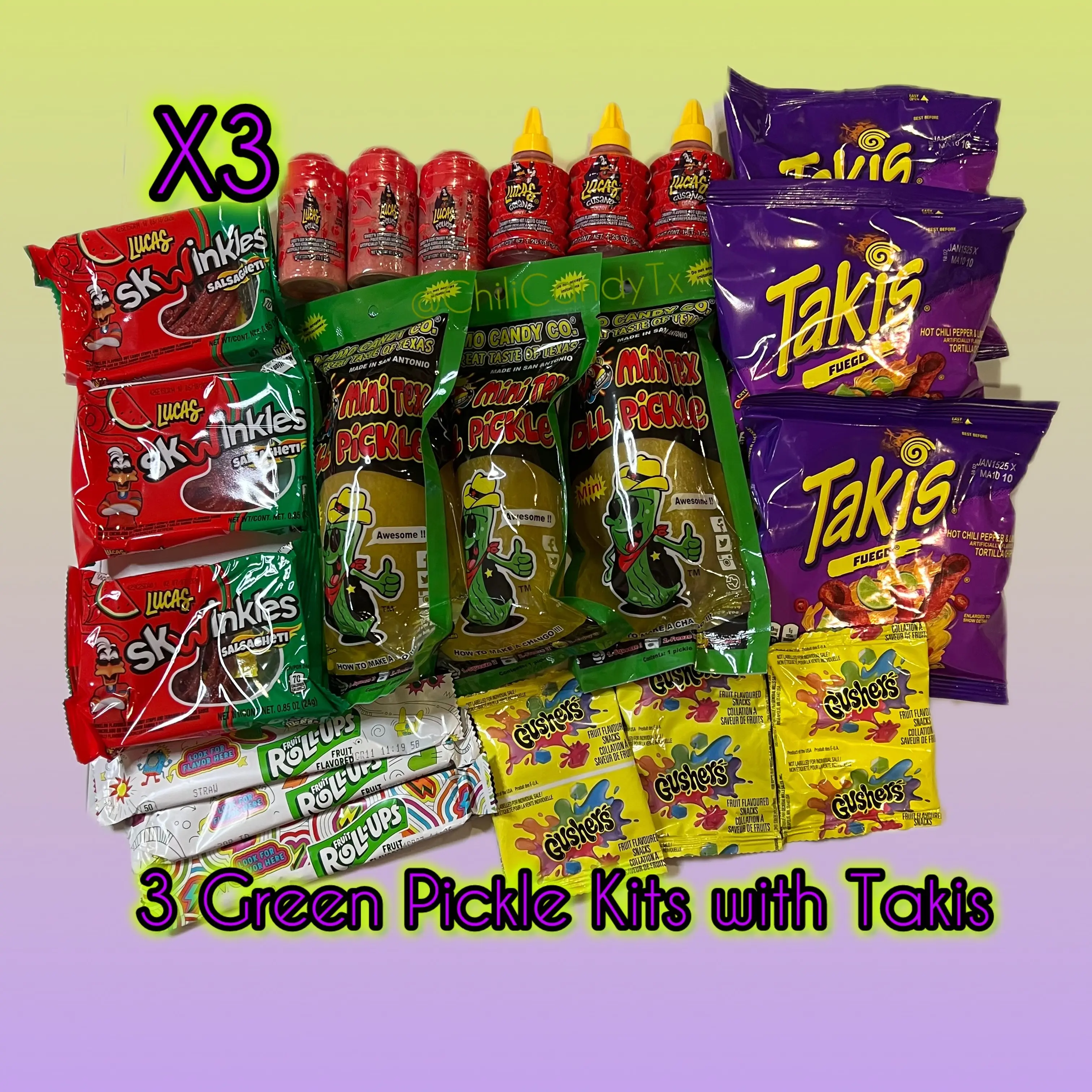 Takis Kit Family Three Pack Green Pickle Kits with Takis, Lucas Powder, Liquid ...