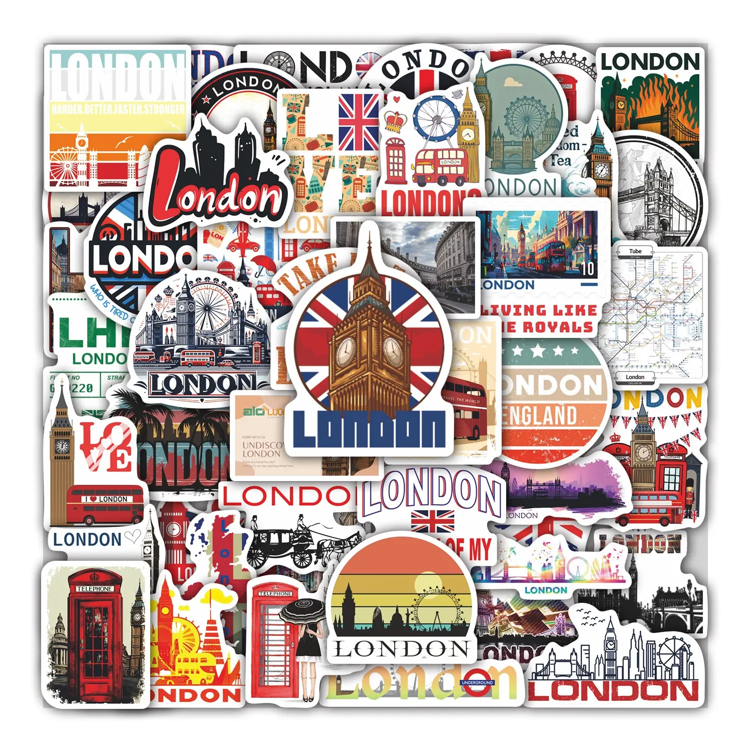50Pcs London City Travel Stickers Pack, Waterproof UK Landmark Vinyl Decals for Laptop Water Bottle Journal Scrapbook, Souvenir Gifts for London & UK Travel Lovers