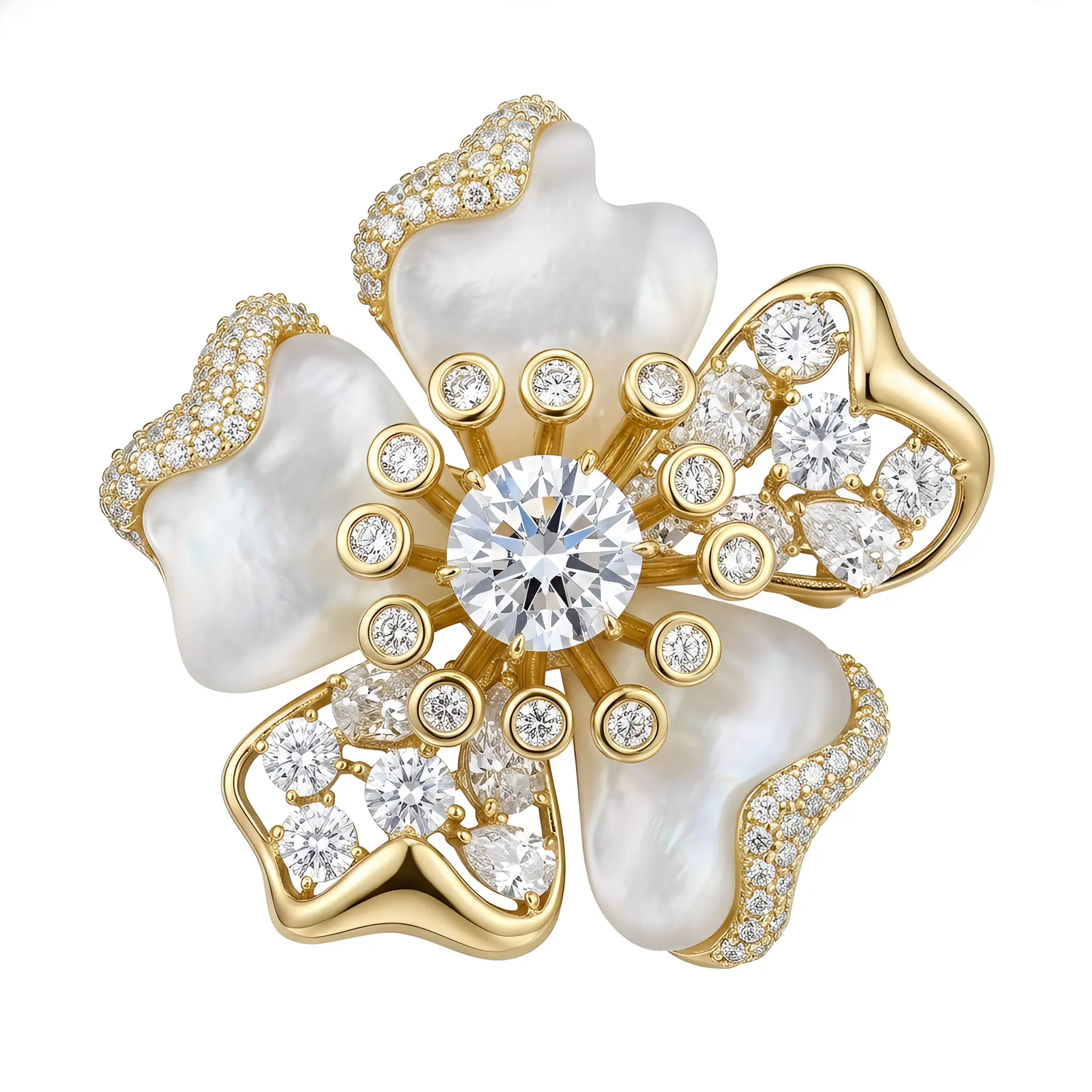 Gold Floral Brooch Necklace – 18K Gold Plated Brass, MOP Petals & CZ