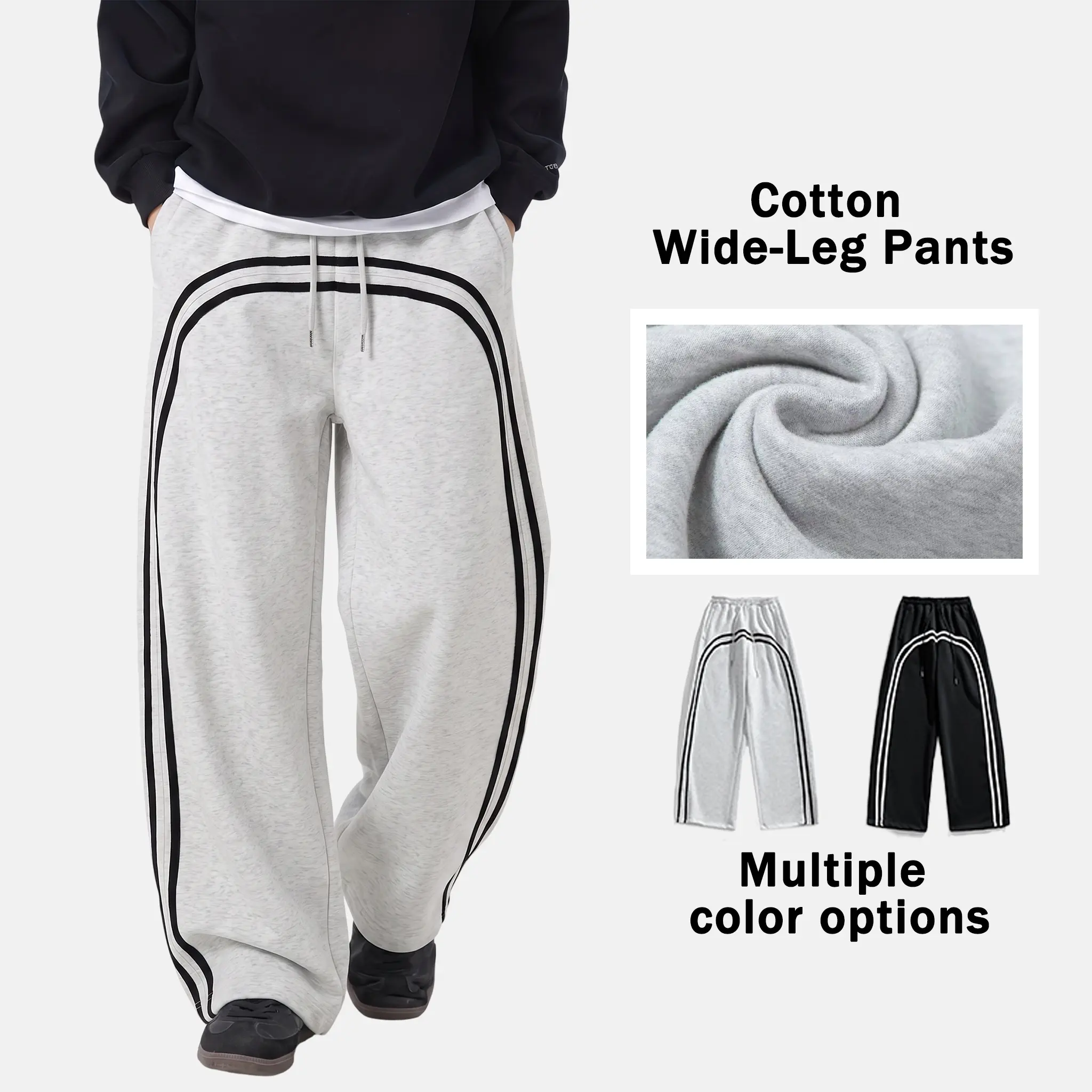 Men’s casual sweatpants featuring a drawstring elastic waistband and pockets, paired with side stripe detailing; cotton-blend casual athletic pants with a soft feel and a loose fit, suitable for everyday wear.