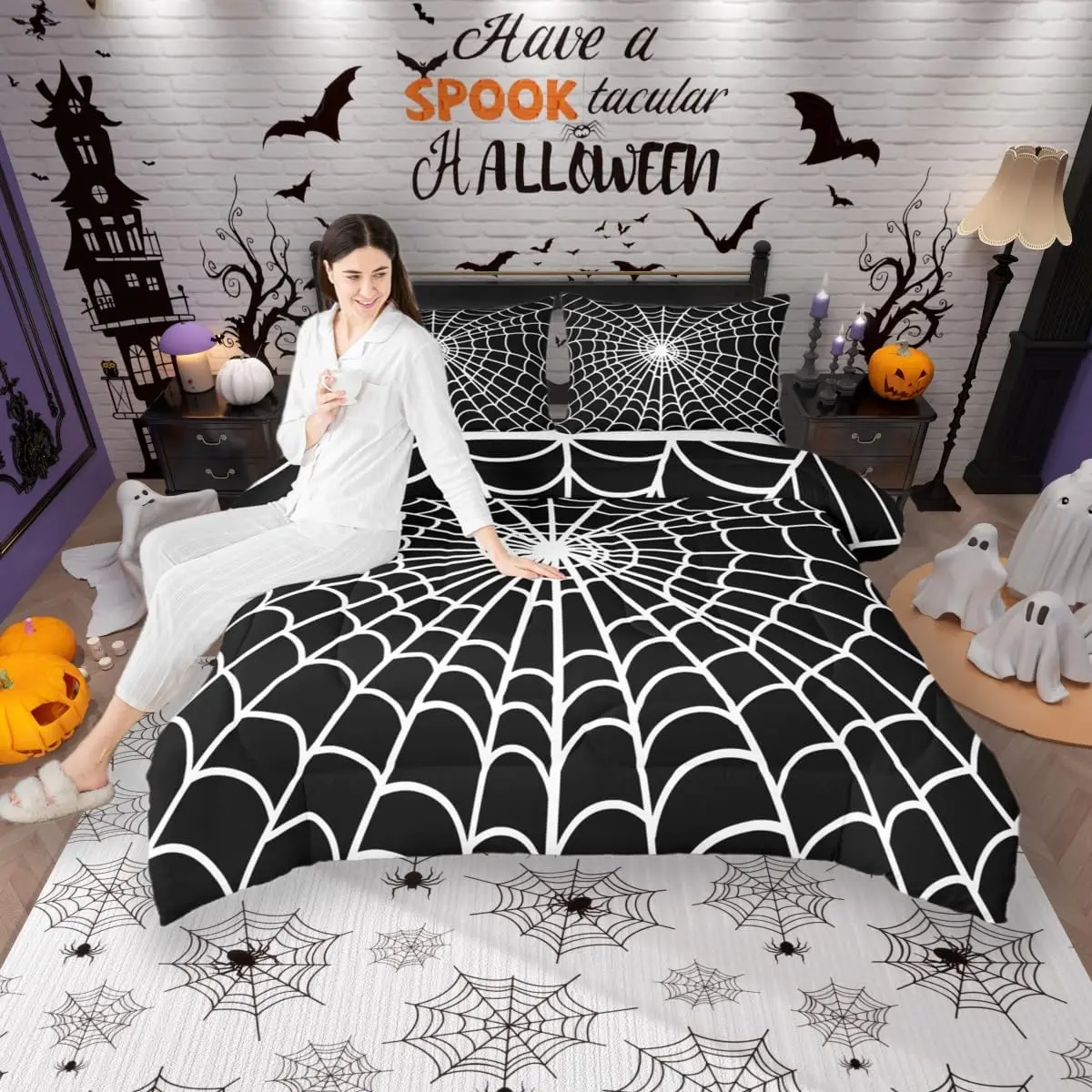 Spider Web Comforter Set,Happy Halloween Geometric Vortex Bedding Set Women Men Room Decor,Insect Rustic Farmhouse Down Comforter,Black White Duvet Insert