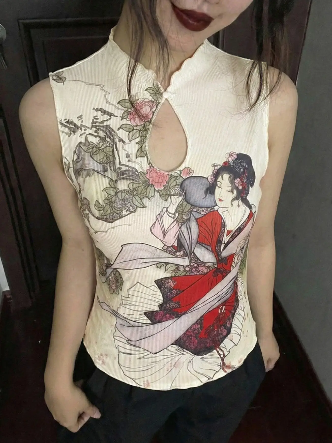 New Summer Women's Casual Elegant Sleeveless Tank Top, New Traditional Retro Qipao Design, Lady Portrait Print, Fashionable, Comfortable and Fitted