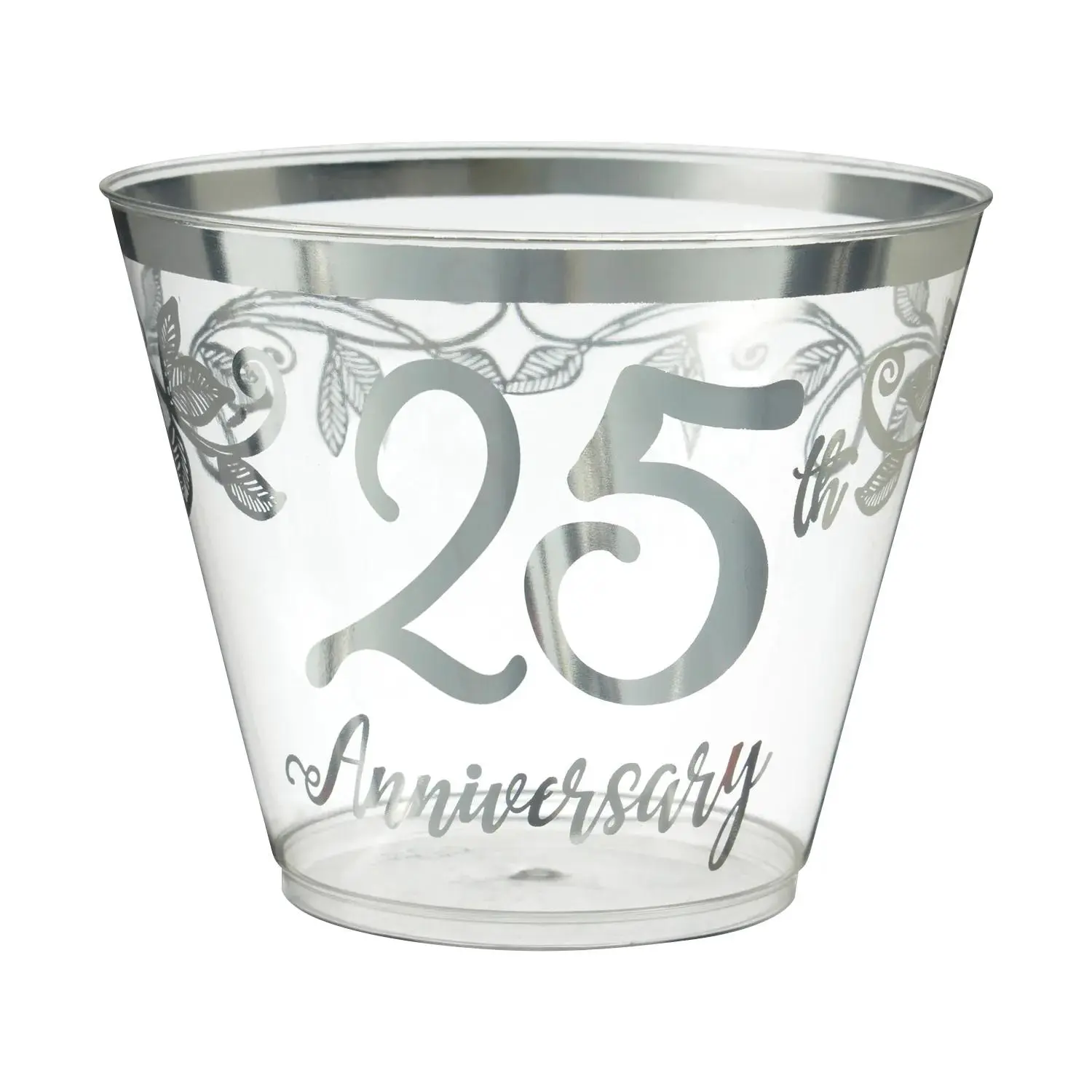 2 3/4" 9 oz Disposable Plastic Cups with Metallic Silver Foil Accents - 25th Anniversary Edition, 30 Pcs - Ideal for Plate Pairing Kitchenware Drinkware Accessories, Disposable Cups, 9Oz