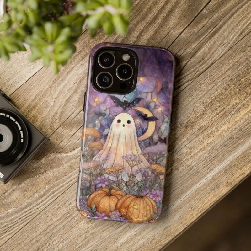 Spooky Fall Wildflower Phone Case Halloween Ghost Faux Stained Glass Floral Case for iPhone Galaxy, Pixel Autumn Cottagecore Aesthetic Cover