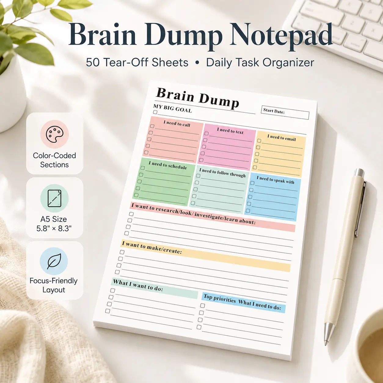 ADHD Brain Dump Planner Notepad, 50 Tear-Off Sheets 8.5 x 6.5", Multi-Section Daily Organizer for Work & Personal To-Do Lists, Priorities & Schedules, Focus Workbook Perfect Holiday Gift, Research