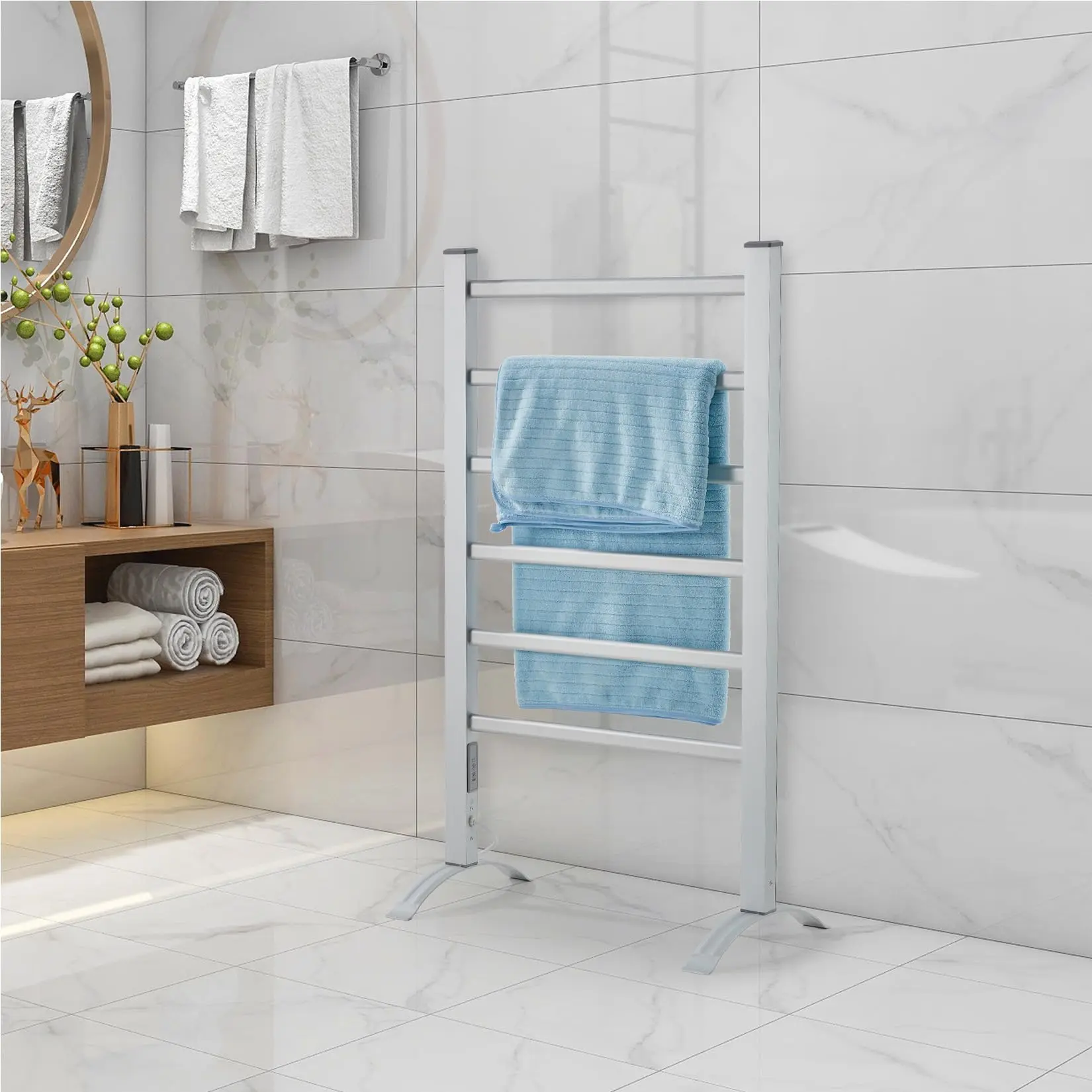 6-Bar Heated Towel Warmer Rack, Freestanding/Wall Mounted, 105W, IP56 Waterproof, 2/4H Timer, Plug-In, Silver