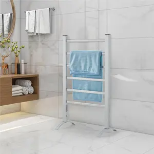 6-Bar Heated Towel Warmer Rack, Freestanding/Wall Mounted, 105W, IP56 Waterproof, 2/4H Timer, Plug-In, Silver