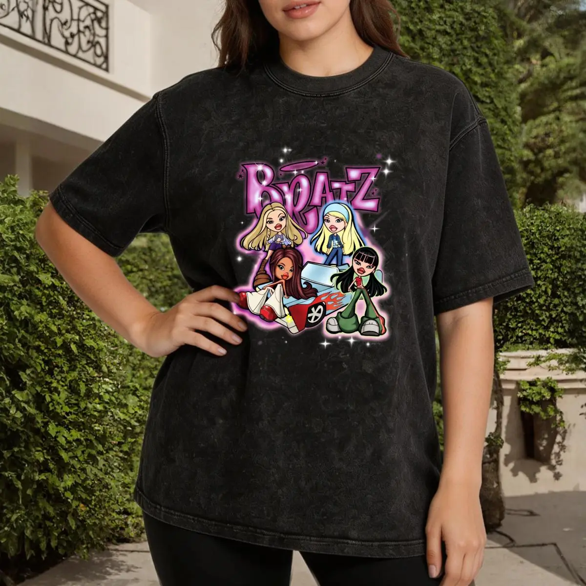 Bratz Cartoon Girls Women's Vintage Washed T-Shirt Bratz Cartoon Girls Graphic Print Oversized Graphic Tee Outdoor Casual Short Sleeve