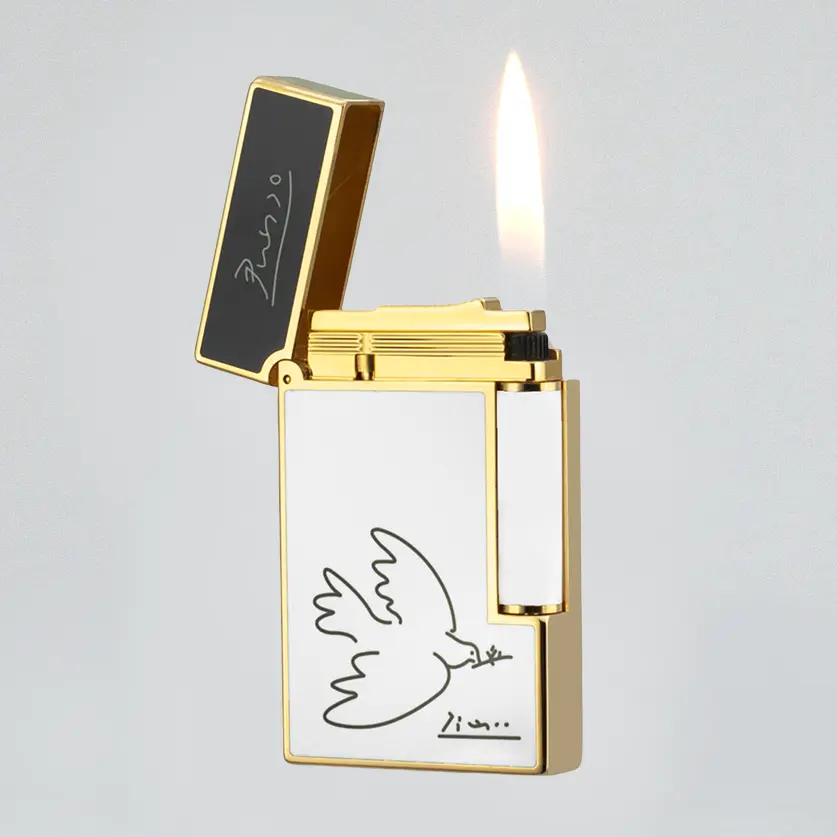 DPT Platinum White GOLD Peace Dove Picasso Luxury Refillable Lighter No Fuel Elegant Design Perfect Gift for Any Occasion Premium Brass Material Adjustable Flame