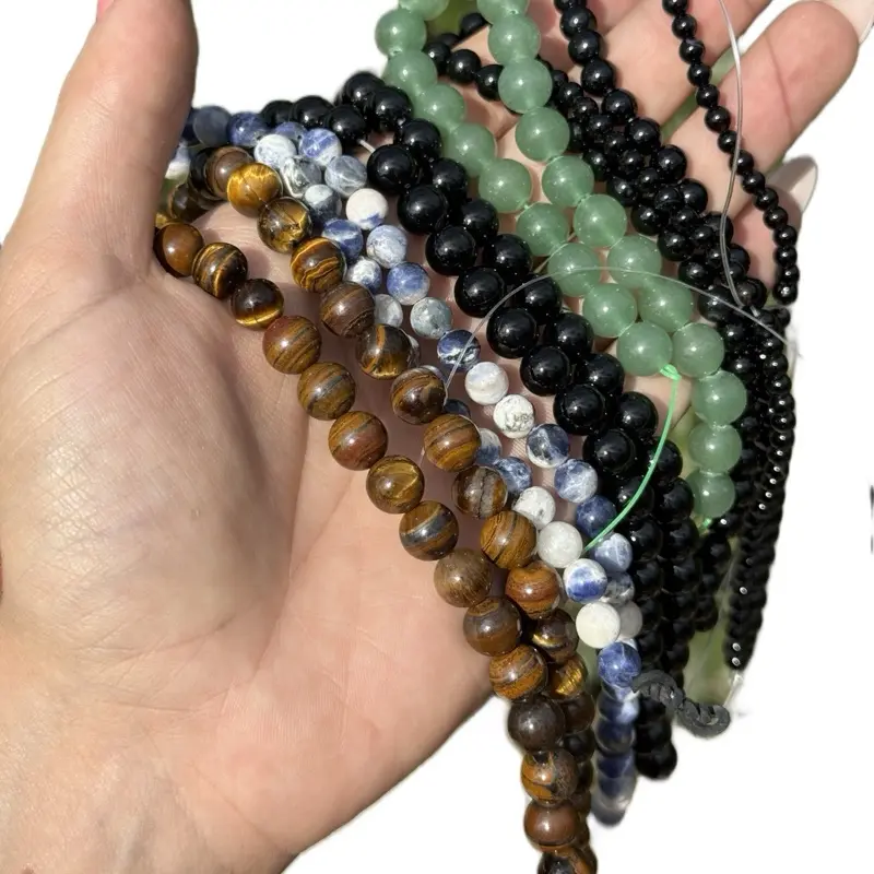6-Piece Natural Gemstone Bead Lot - Tigers Eye, Sodalite, Green Aventurine, Black Obsidian