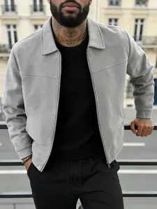Men's Casual Lapel Fitted Jacket, Long Sleeves, Zipper Closure & Faux Suede Fabric, Business Style Coats Outerwear, Easy Care, Suitable for Daily Life, Work Travel, Spring Fall