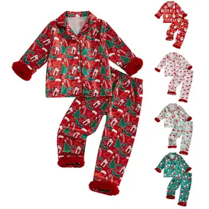 REDWOON Toddler Baby Girl Christmas Fuzzy Pajamas Set Santa Claus Button Down Shirt and Pants Holiday Pjs for Kids Loungewear Set