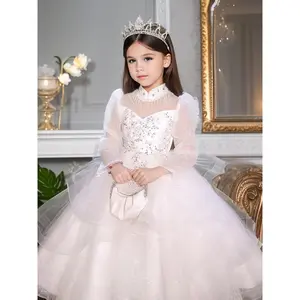 Girls' Luxury Long Tulle Princess Dress with Embellishments - Sleeveless, Flowing A-Line Skirt, Ideal Birthday & Occasions, Pearl & Bead Accents, Formal Wear, Formal Event Dress |         Princess Style |         Embellished Dress