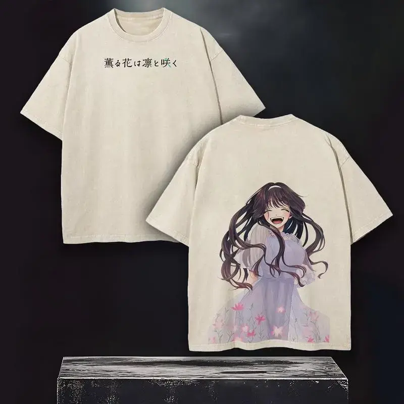 Men's Oversized Graphic T-Shirt, Vintage Washed Crewneck with Waguri Kaoruko Anime & Floral Print, Casual Manga-Inspired Streetwear, Tshirt