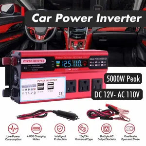 Car Vehicle Power Inverter 5000W DC 12V to AC 110V 120V Converter 4 USB Ports LCD Display CE FC ROHS Certified for Cars and Vehicles