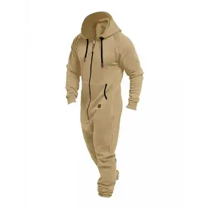 Men's Thermal Fleece Lined Hooded Jumpsuit with Pockets, Full Zipper, Long Sleeves, Adjustable Drawstring, Brown Workwear, Comfortable Sportswear