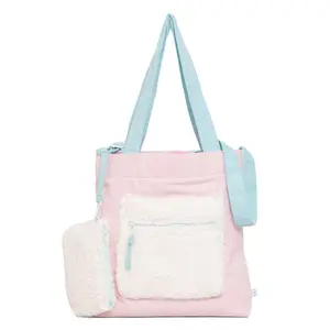 Color Block Tote – Corduroy & Sherpa Bag with Double Pockets + Cozy Coin Purse, Cotton Candy