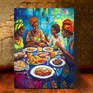 A vibrant canvas print of African culture with a wooden frame - 30.48x 40.64cm featuring colorful traditional clothing and food scenes. Perfect for living room, bedroom, office decor or themed parties. African home decor