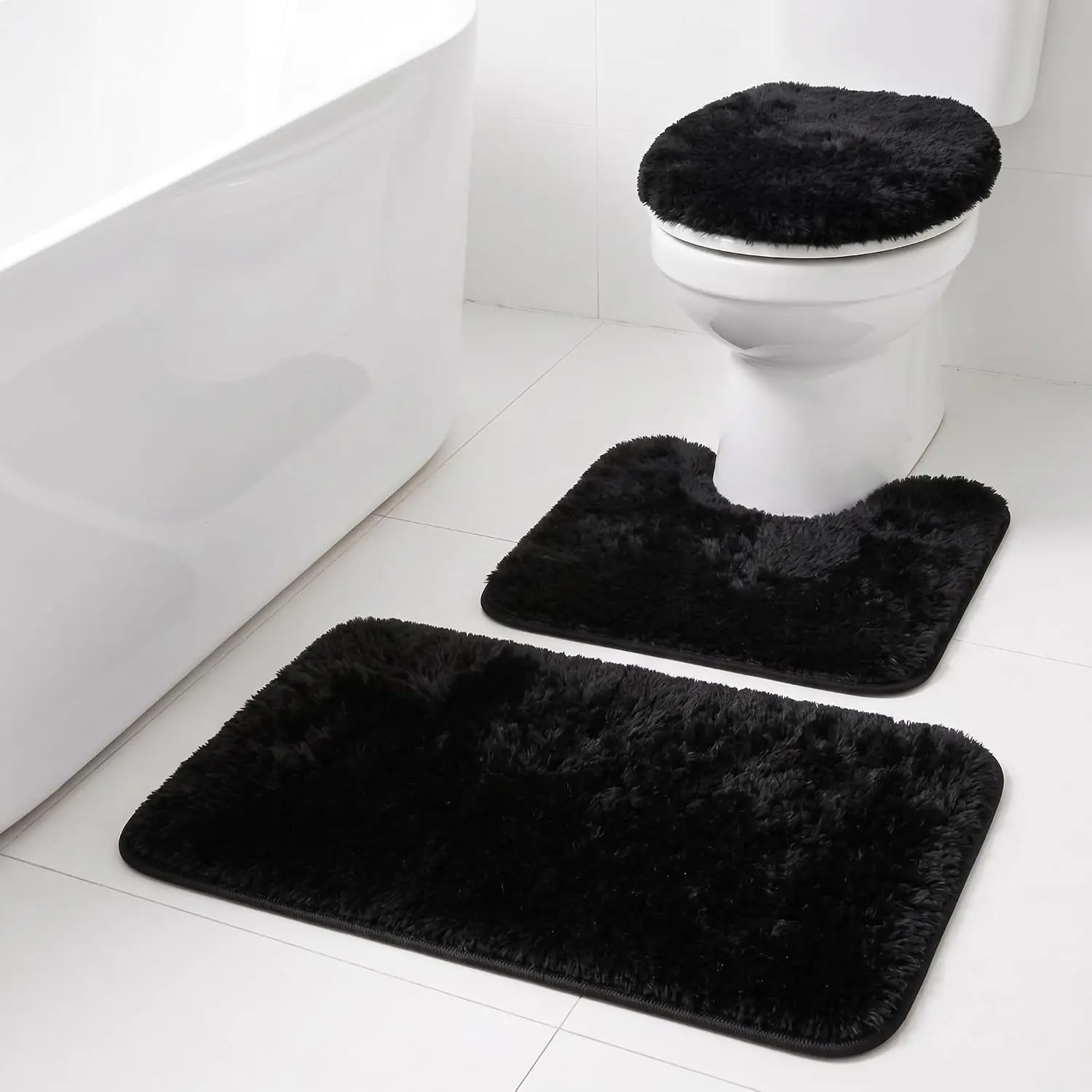 Black Rugs Sets 3 Piece Shaggy Bath Mat Non-Slip Mats Absorbent Bath Rug Mats Soft Washable Shower Rug with U-Rug Lid Cover Home Decor Accessories