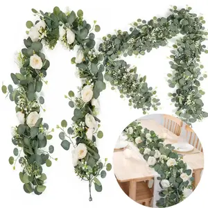 180cm Artificial Eucalyptus Leaf Plant Wreath, Spring Vine with Flowers and Berries, Wedding Home Party Decor