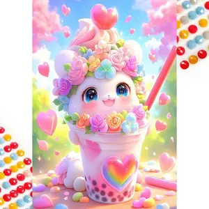 5D DIY Full Diamond Round Diamond Painting - Diamond Art Kit Cute Milkshake Mosaic, Canvas - DIY Wall Art Decoration, Home Wall Decor, Suitable for Halloween and Christmas, Birthday and Anniversary Gifts, Diamond Painting Kits