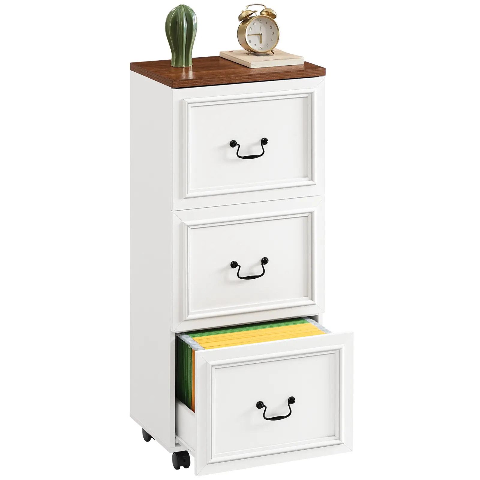 MAHANCRIS Mobile Filing Cabinet, Farmhouse File Cart with 3 Drawers, for A4/Letter-Size Files, Adjustable Hanging Rod, Wooden File Storage Cabinet on Wheels, for Home Office, White and Walnut #SummerVibes#DealsforYouDays #SummerGarden