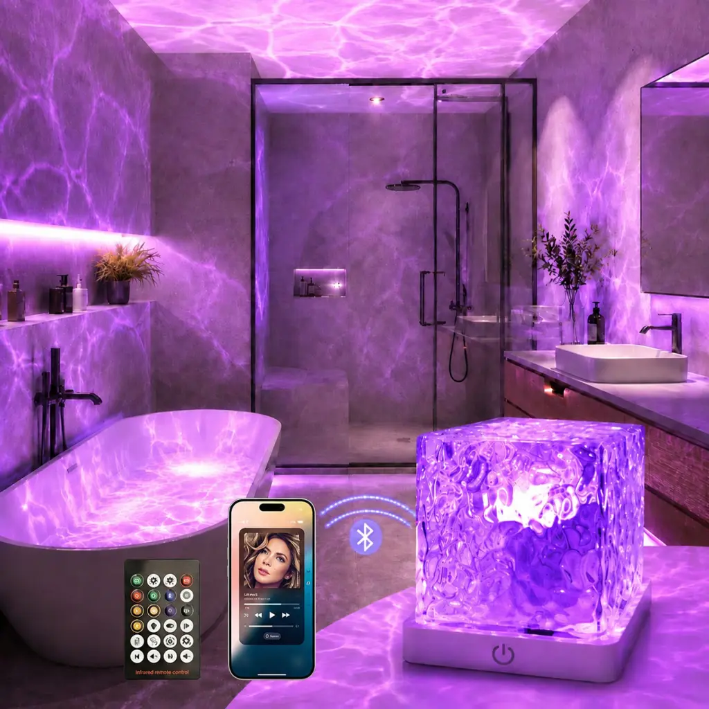 LED Water Ripple Projection Lamp Bluetooth Music Sync Dimmable Ocean Wave Light Rechargeable Remote Control Night Light for Sleep Relax Spa Bathroom gift