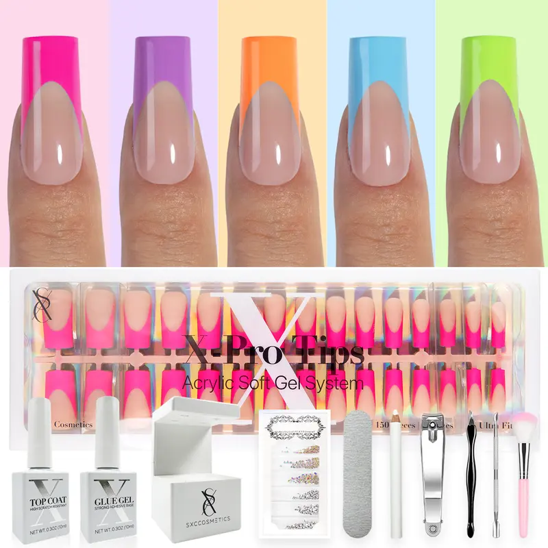 SXC Cosmetics X-Pro Tips French Tip Press On Nails - Vibrant Pastel Glow in the Dark Series Starter Kit Acrylic Soft Gel System Matte Finish Manicure