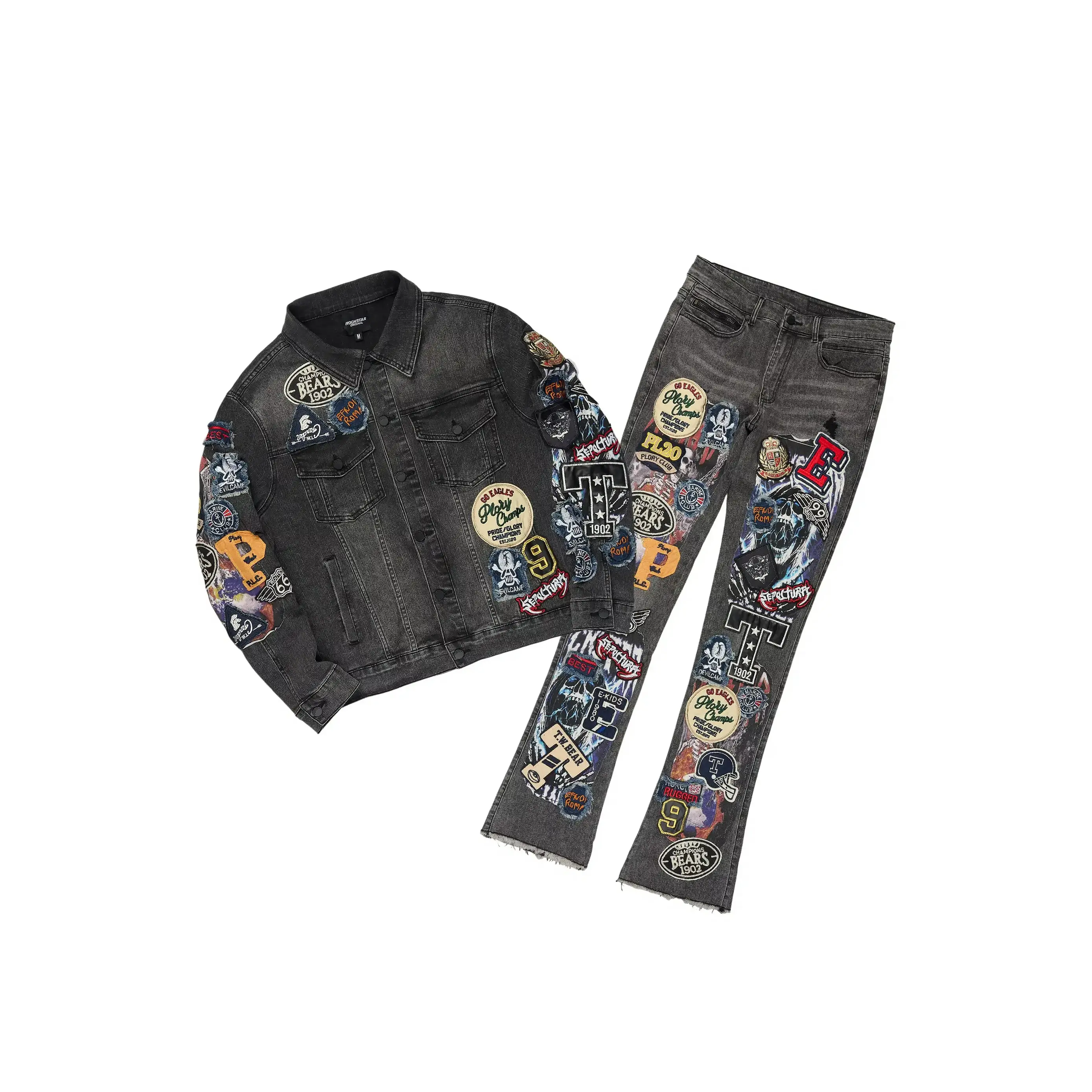 Espan Dark Grey Denim Jacket/Stacked Flare Jean Set