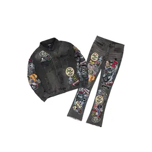 Espan Dark Grey Denim Jacket/Stacked Flare Jean Set