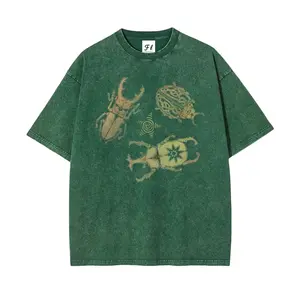 FL Beetle Graphic Tee for Men Acid Wash Shirt Streetwear Short Sleeve T Shirt Vintage Nature Printed Shirt Guys Gifts