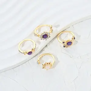 Sun Moon Crystal Stackable Ring Set, Geometric Sparkling Gemstone Finger Rings, Minimalist Light Luxury Women Costume Jewelry, Unique Trendy Accessories Perfect for Daily Wear & Mother's Day Gifts outdoorfun