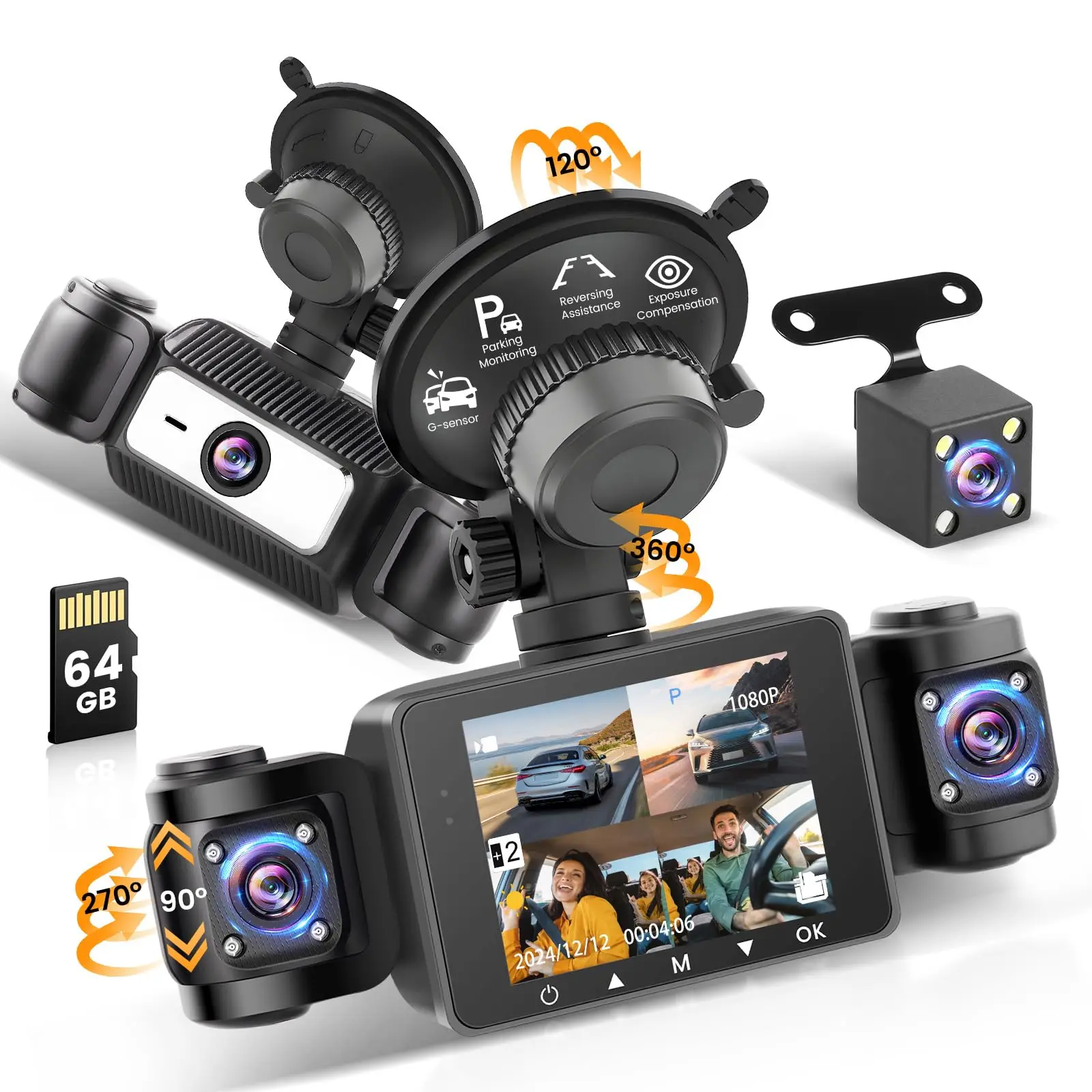 Car Dash Camera, 2.4-in Screen 4-Channel Full HD 1080P Rotatable 360-Degree Coverage, IR Night Vision, Loop Recording, G-Sensor, Parking Assistance, 24H Monitor, LED Lights, Universal Automotive Accessory