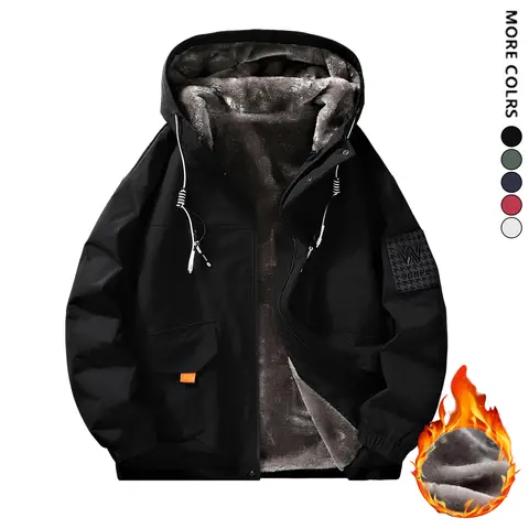 Men’s fleece-lined hooded jacket with a soft plush lining for warmth in winter; zip-up windproof outdoor jacket suitable for work, hiking, and everyday casual wear.