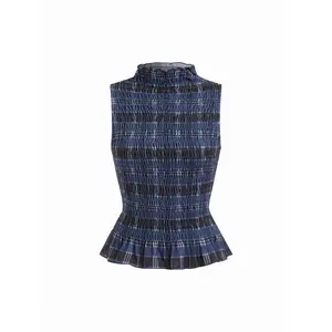 Cider High Neck Checks Lettuce Trim Shirred Tank Top