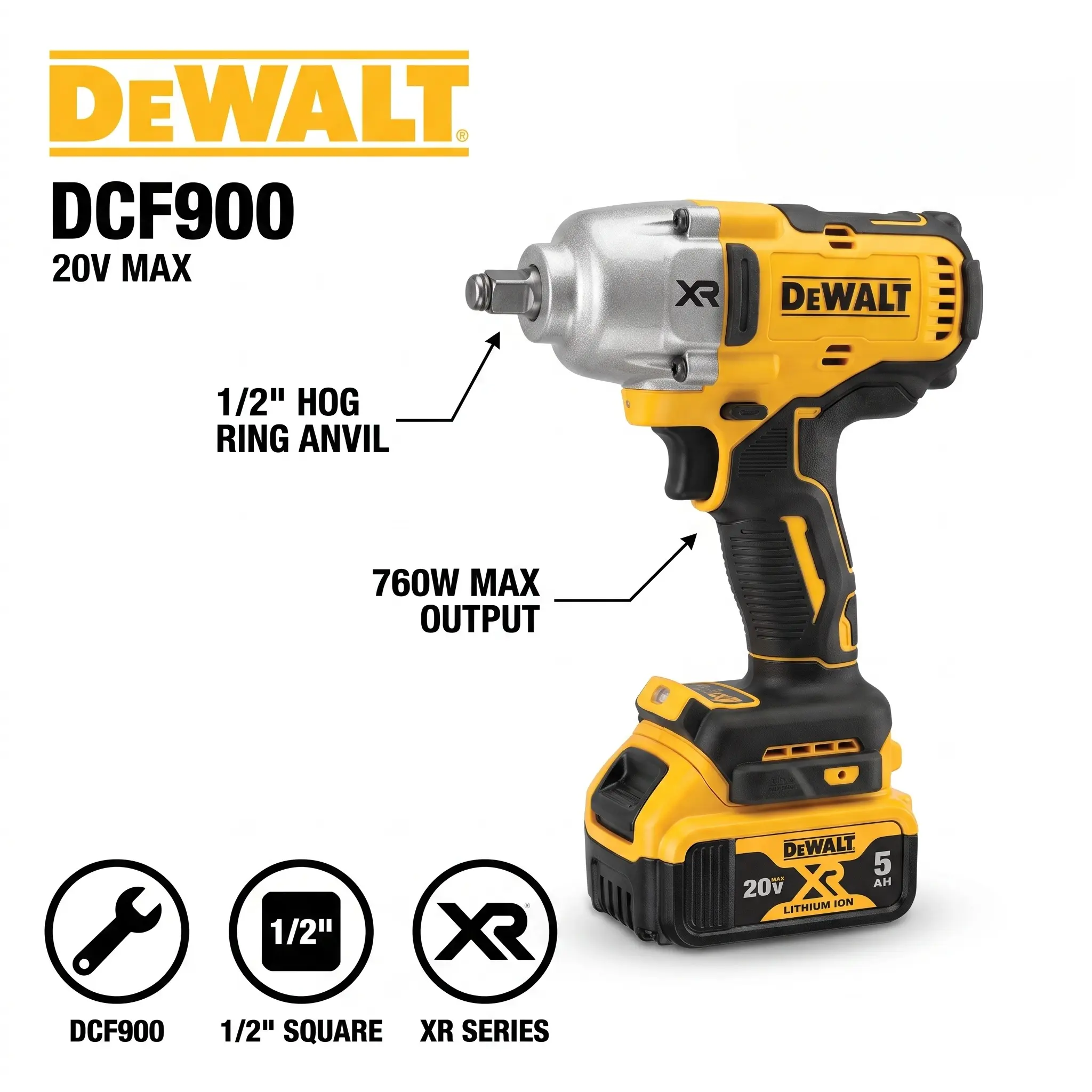 DEWALT DCF900 20V MAX Brushless Cordless Impact Wrench, 1/2 Inch Hog Ring Anvil, 900Nm High Torque Impact Gun, 3-Speed Control with Precision Wrench Mode for Lug Nut Removal, Truck Repair, Construction & Heavy Equipment