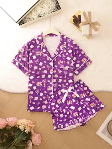 2 pieces of women's full body floral printed pajamas, short sleeved shorts suitable for all seasons, pocket collars, butterfly pants, home wear, Loungewear, button up front cardigan, casual set
