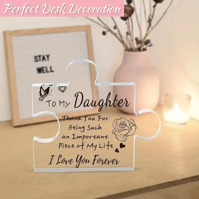 To My Daughter Puzzle Shaped Acrylic Sign, Butterfly Rose Acrylic Plaque, Freestanding Desktop Ornament, Sentimental Birthday Christmas Gift for Daughter
