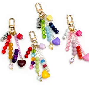 Dopamine Colorful Beaded Keychain Heart Pendant Tassel Bag Charm Sweet Girl Style