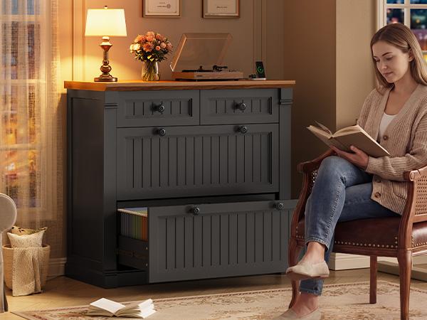 SEDETA 33 Inch 4 Drawers File Cabinet Farmhouse Filing Cabinets for Home Office fit Legal/Letter/A4 File Wood Office File Cabinet with Power Outlets Printer Stand with Storage