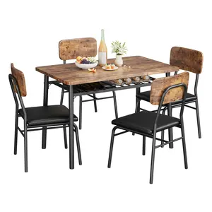 【GARVEE】Dining Room Set for 4, 5-Piece Modern Dining Table Set with Metal Frame, Built-in Storage Rack, Space Saving Kitchen Table with 4 Padded Chairs for Dining Room, Small Space, Vintage Brown