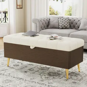 Fahuac Tufted Boucle Storage Ottoman Bench - 44.7x17.9x19.3in, Gold Legs, 300LB Capacity, Hidden Spacious Interior for Blankets, Foam, Coffee Use, Self Assembly, Quality Safety Measures, Indoor Furniture Footrest
