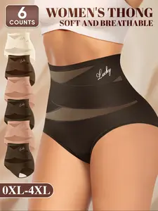 6 Pack 0XL-4XL Plus Size Women's High-Waisted Shapewear Panties, Elegant Chic Breathable Mesh Cross Design, Comfort Fit, Butt Lifting, All Seasons