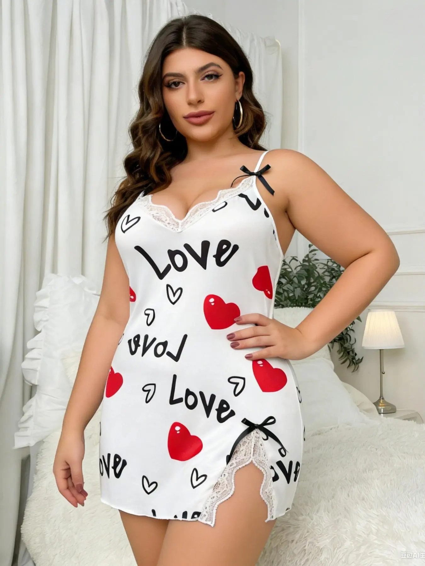 Plus Size European Style Sexy Glam Lounge Wear Backless Spaghetti Strap Love Heart Print Sleepwear Set, Comfortable Loose Fit Nightgown & Bralette Combo, Ideal for All-Day Wear